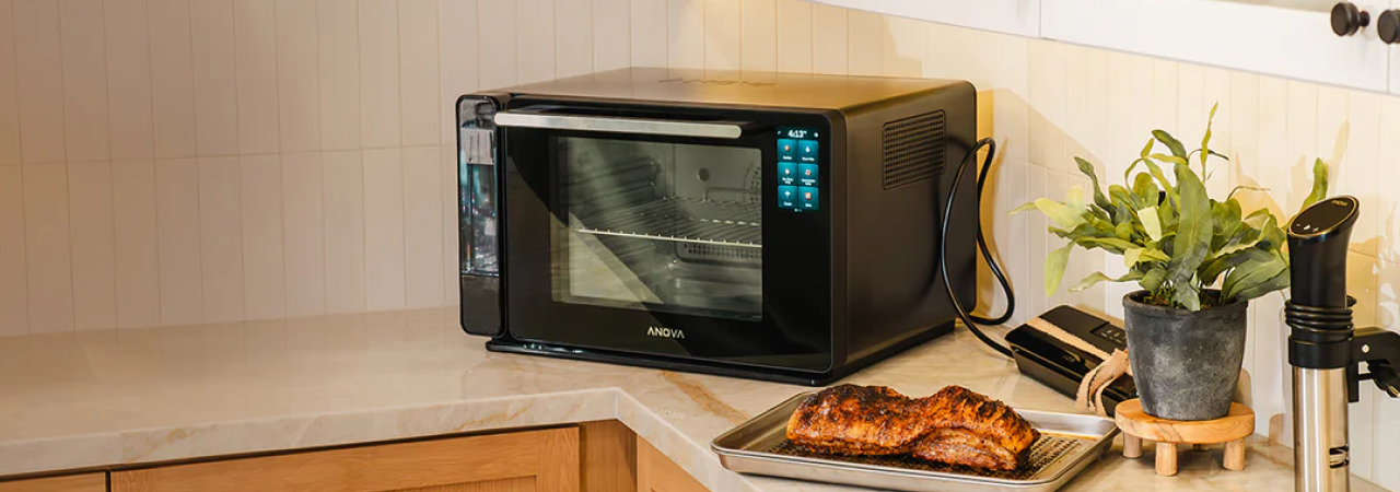 Black toaster oven on a kitchen counter with a plant and other items in the background.