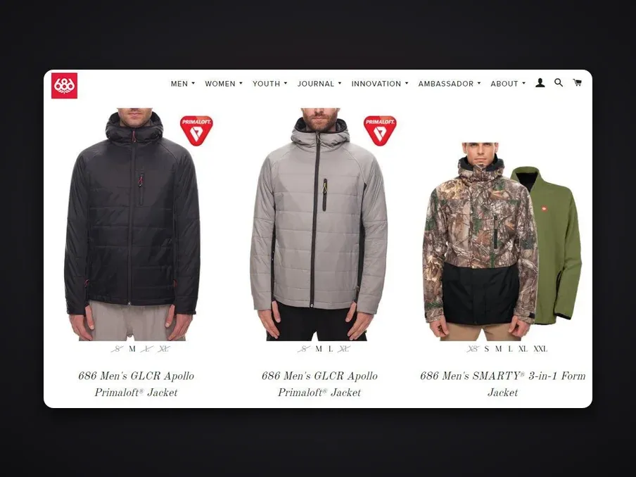686 Shopify collection page showing men's Primaloft and SMARTY 3-in-1 jackets with size options