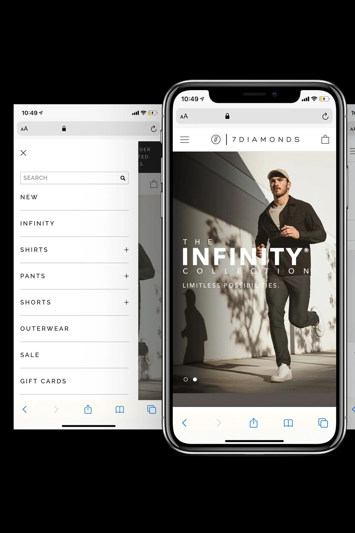 Mobile mockup of the 7Diamonds store: the navigation menu beside the Infinity collection landing page on an iPhone