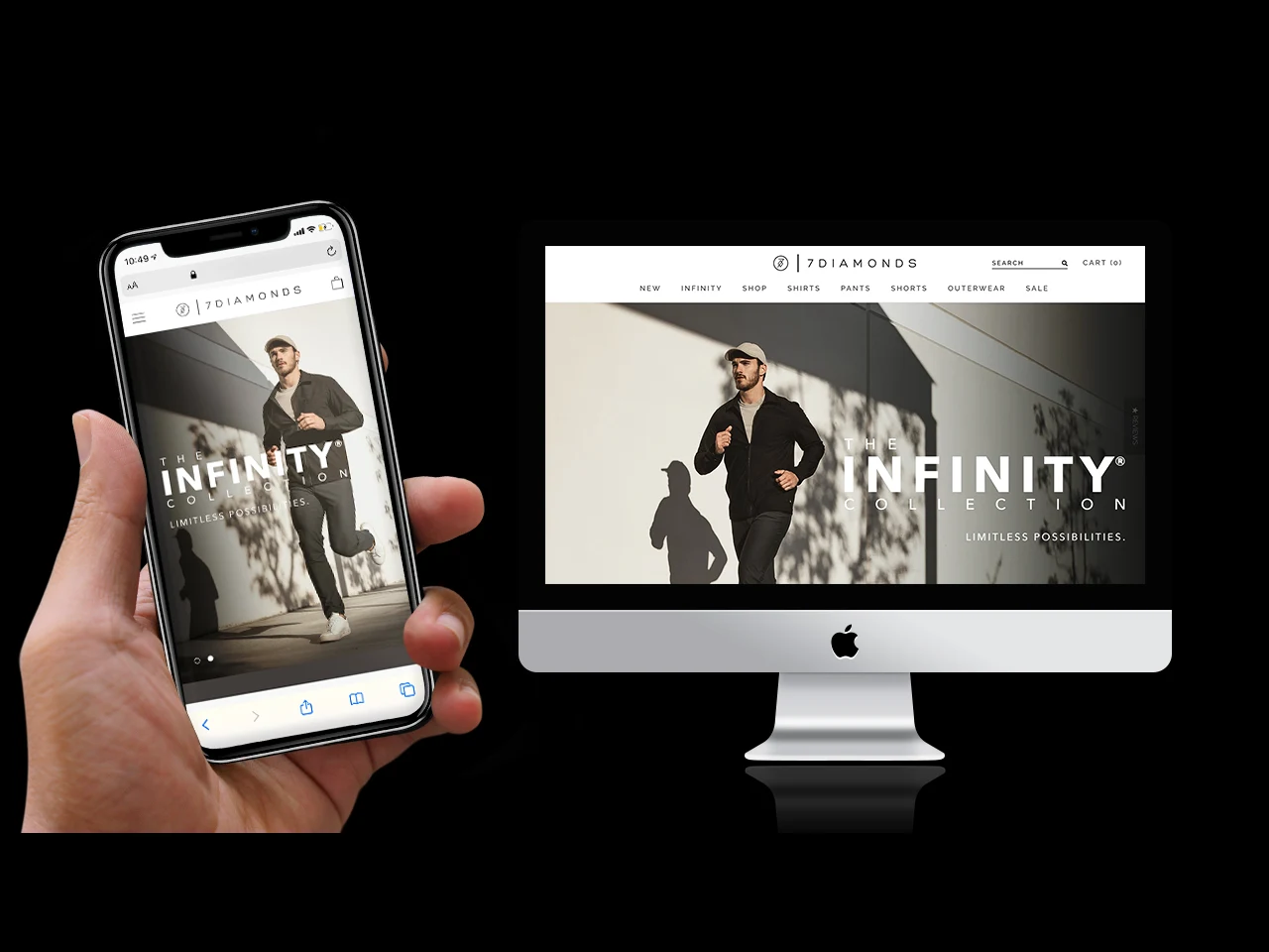 The 7Diamonds Infinity collection landing page on an iPhone and a desktop monitor