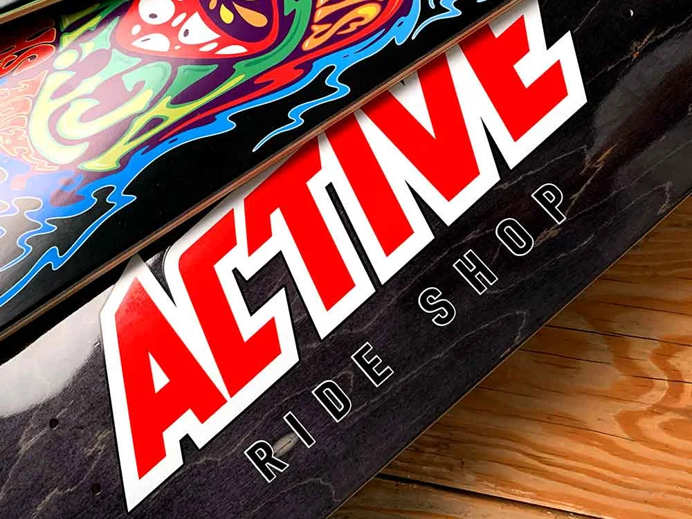Active Ride Shop skateboard deck with a large red ACTIVE logo