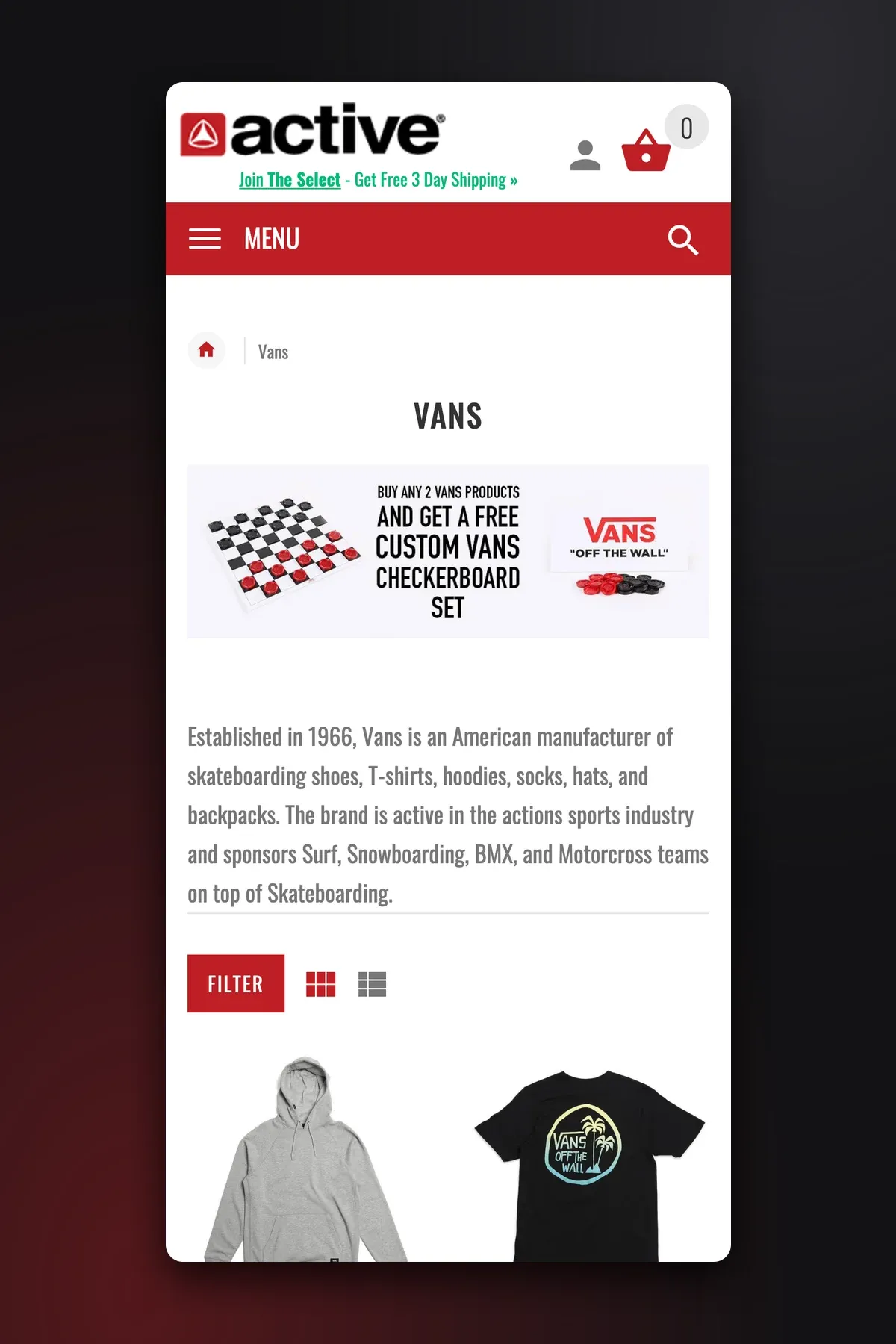 Active Ride Shop brand page for Vans on mobile, with a banner, brand description, filter button and product grid