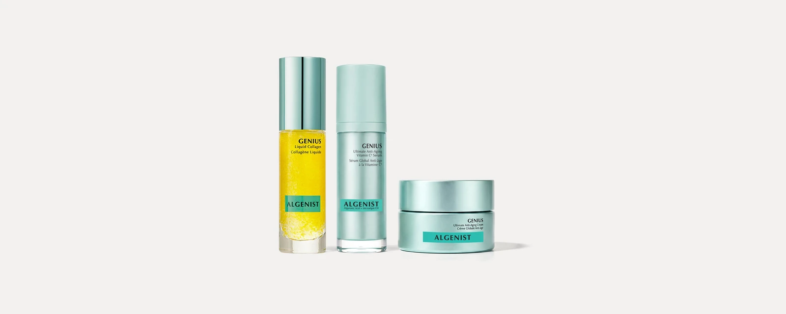 Algenist Genius liquid collagen, serum and cream products on a light gray backdrop