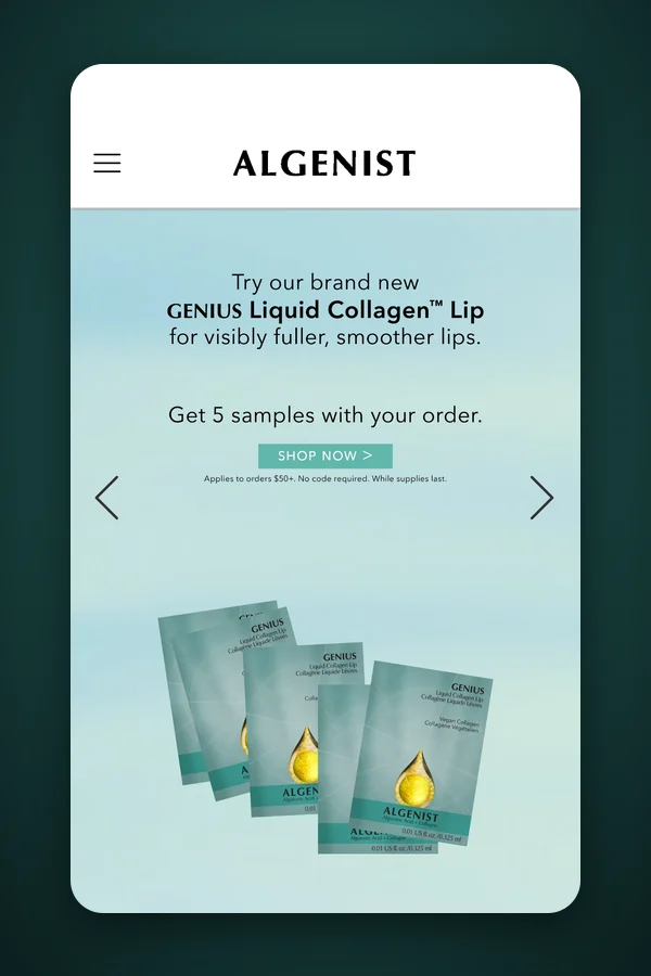 Algenist Shopify homepage on mobile promoting GENIUS Liquid Collagen Lip samples