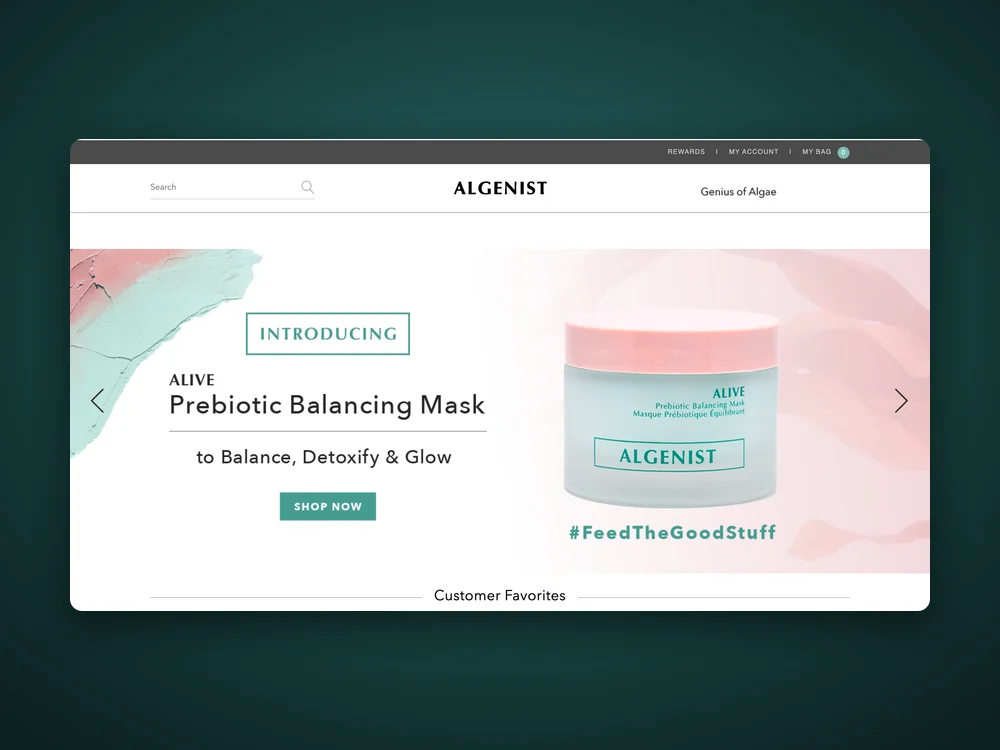 Algenist Shopify homepage on desktop introducing the ALIVE Prebiotic Balancing Mask