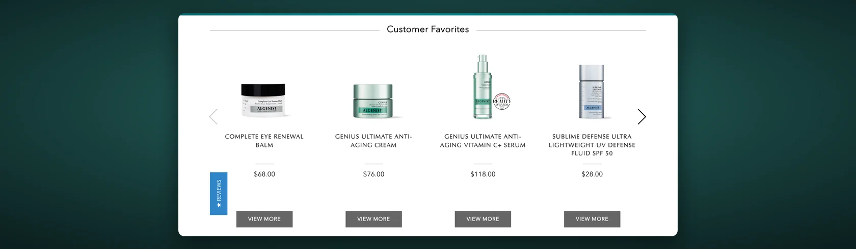 Customer Favorites row on the Algenist Shopify homepage with eye balm, cream, vitamin C serum and SPF