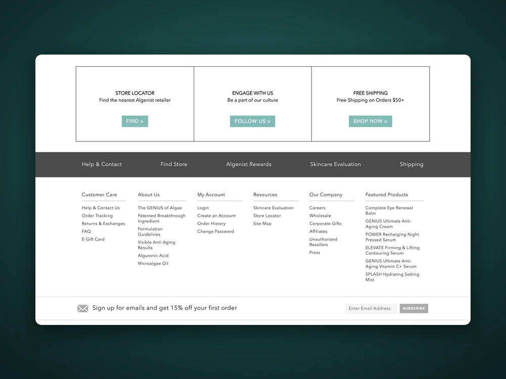 Algenist Shopify footer linking Algenist Rewards, Skincare Evaluation, the store locator and email sign-up