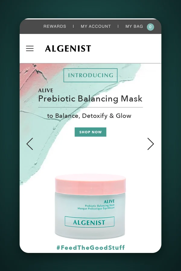 Algenist Shopify homepage on mobile with the ALIVE Prebiotic Balancing Mask