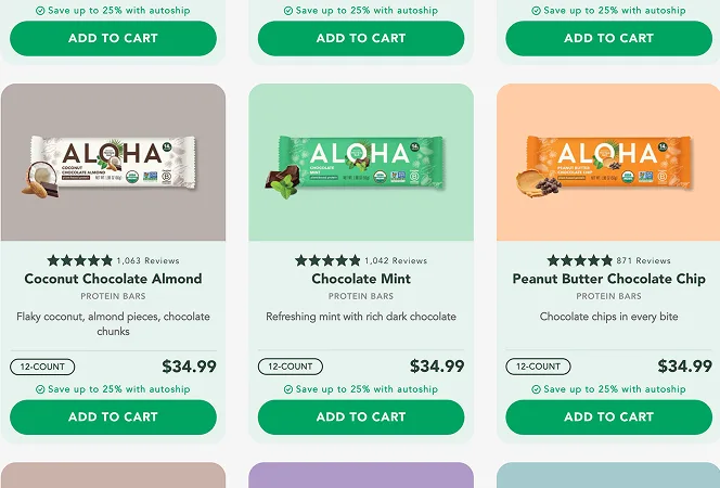 ALOHA collection page with product cards and Add to Cart