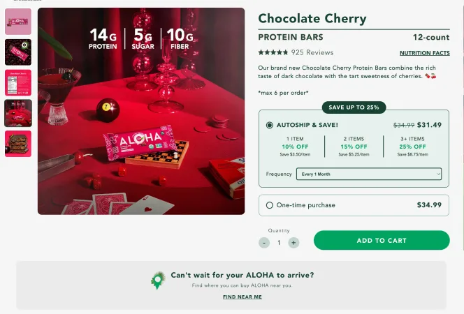 ALOHA Chocolate Cherry product detail page with Autoship & Save