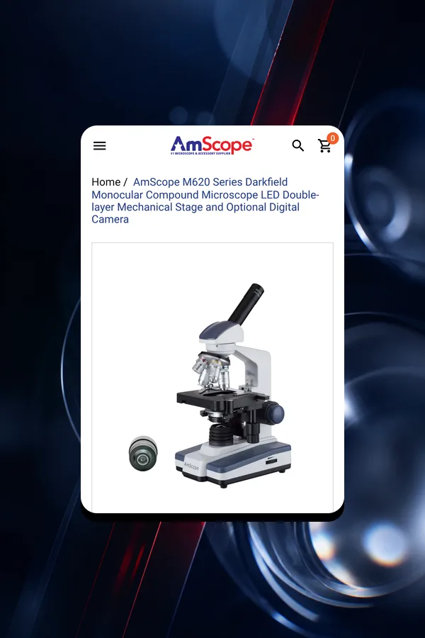 AmScope compound microscope product page on mobile