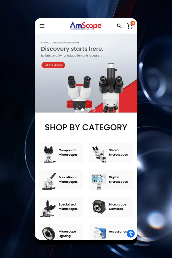 AmScope homepage on mobile