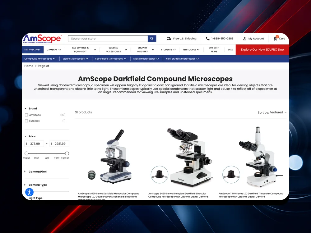 AmScope darkfield compound microscopes collection page on desktop