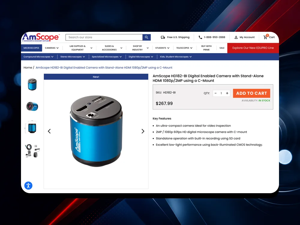 AmScope product detail page on desktop