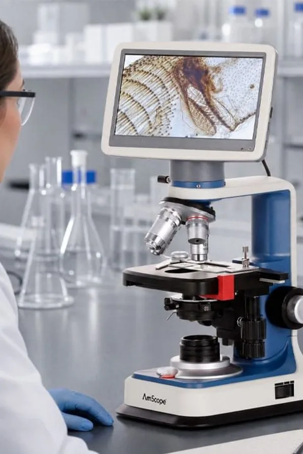 A lab technician using an AmScope digital microscope