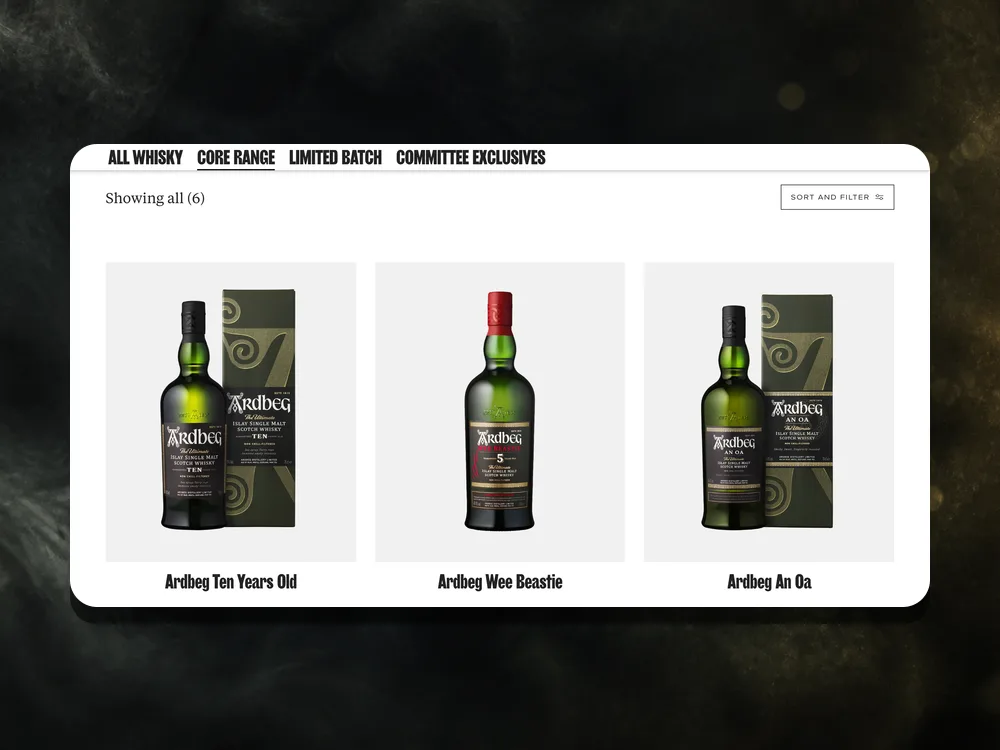 Ardbeg core range collection grid: Ten Years Old, Wee Beastie, and An Oa