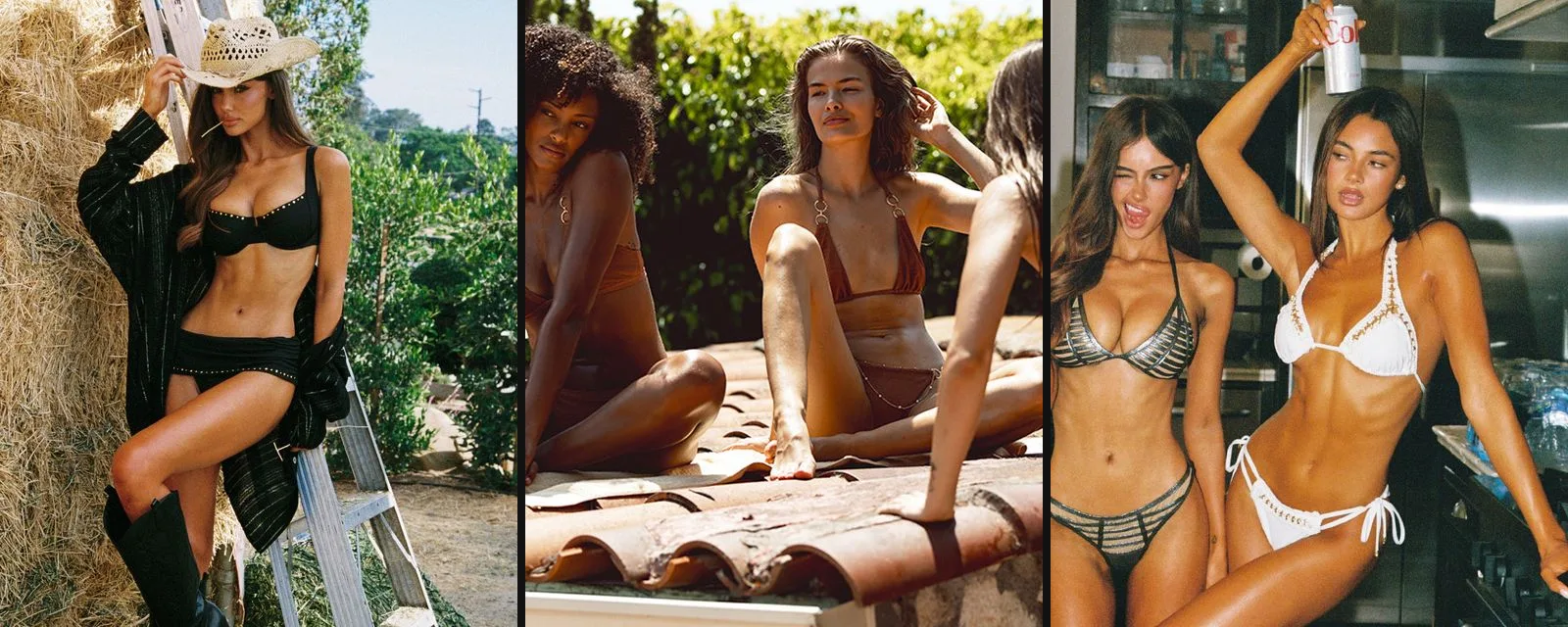 Three Beach Bunny swimwear photos of models in bikinis on a ranch, a rooftop and in a kitchen