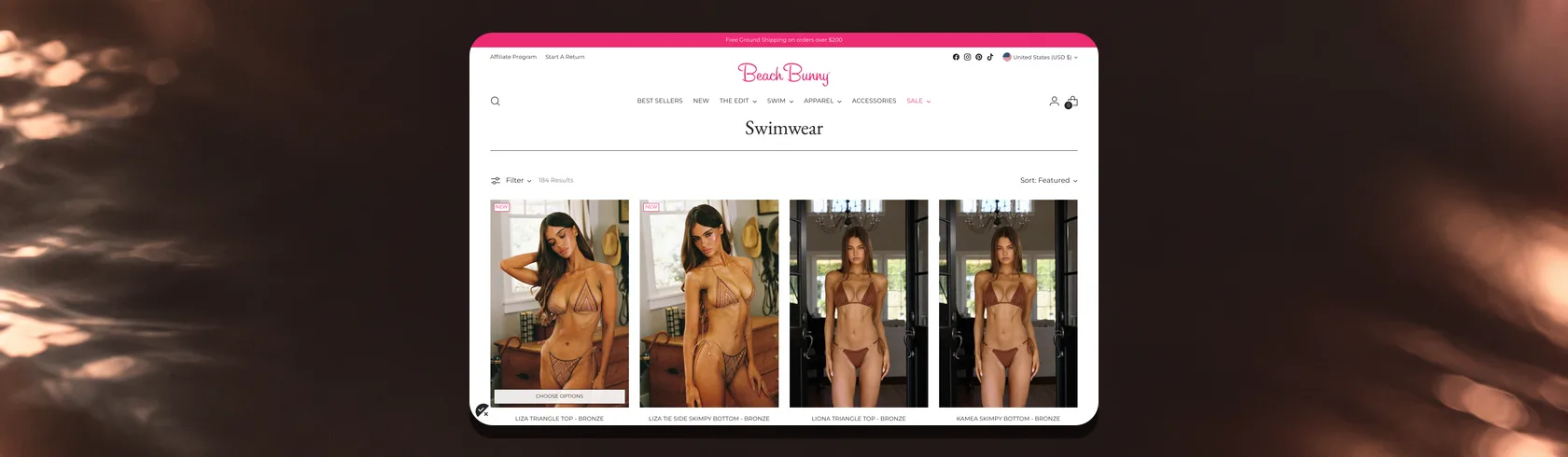 Beach Bunny swimwear collection page on desktop