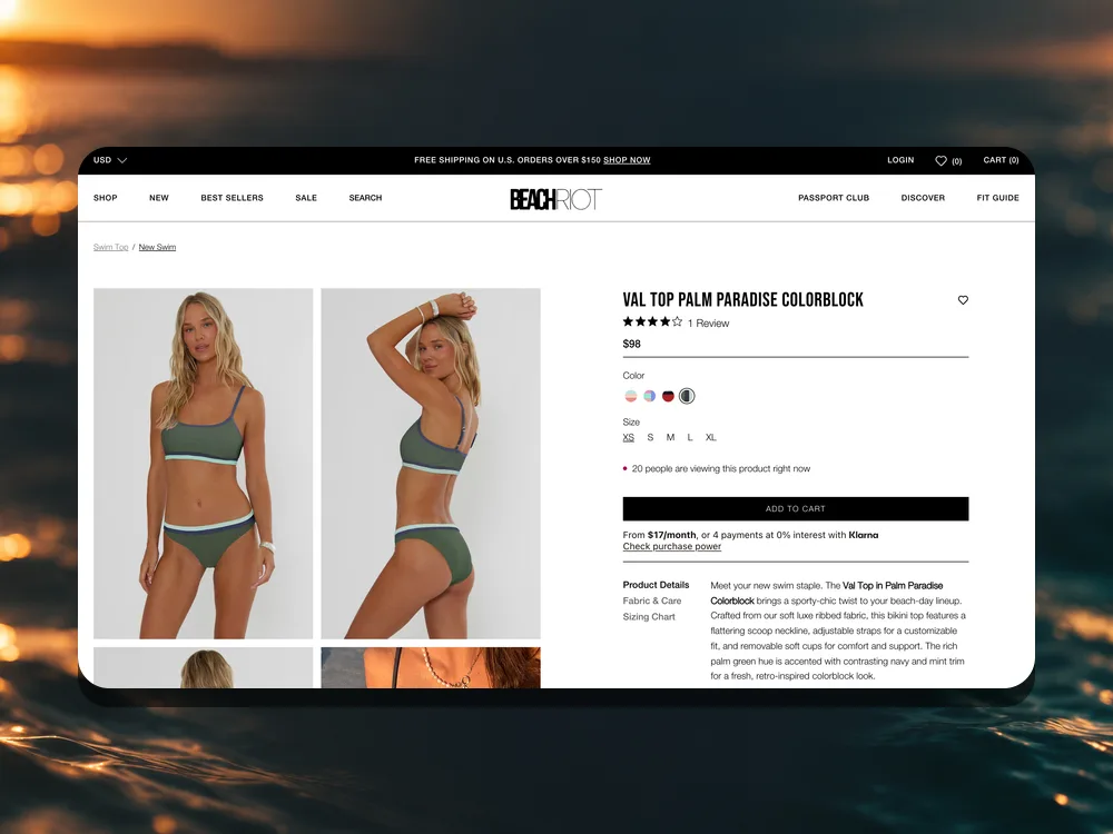 Beach Riot Val Top product page on desktop with color and size options