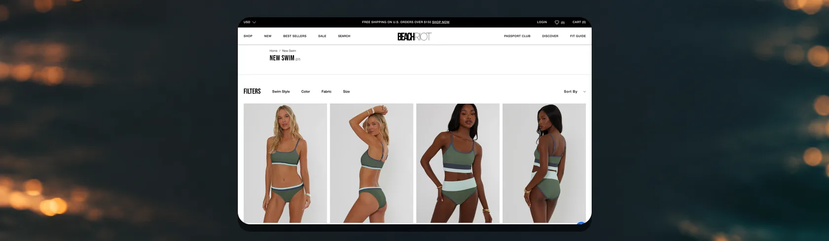 Beach Riot New Swim collection page on desktop with filters