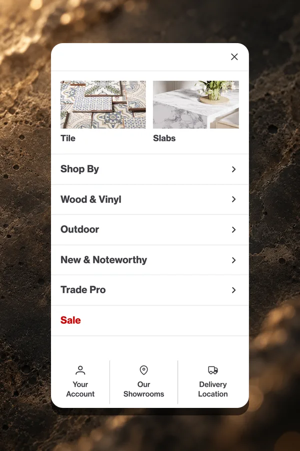 Bedrosians mobile menu with Tile and Slabs image buttons above the Shop By, Wood & Vinyl, Outdoor and Trade Pro sub-menus