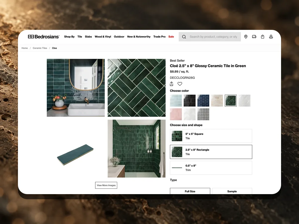 Bedrosians product page on desktop for Cloé glossy ceramic tile in green, with color swatches and size options