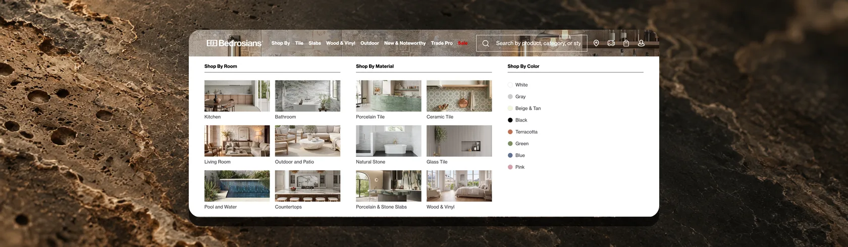 Bedrosians Shop By mega menu on desktop, with room and material image tiles and a color list
