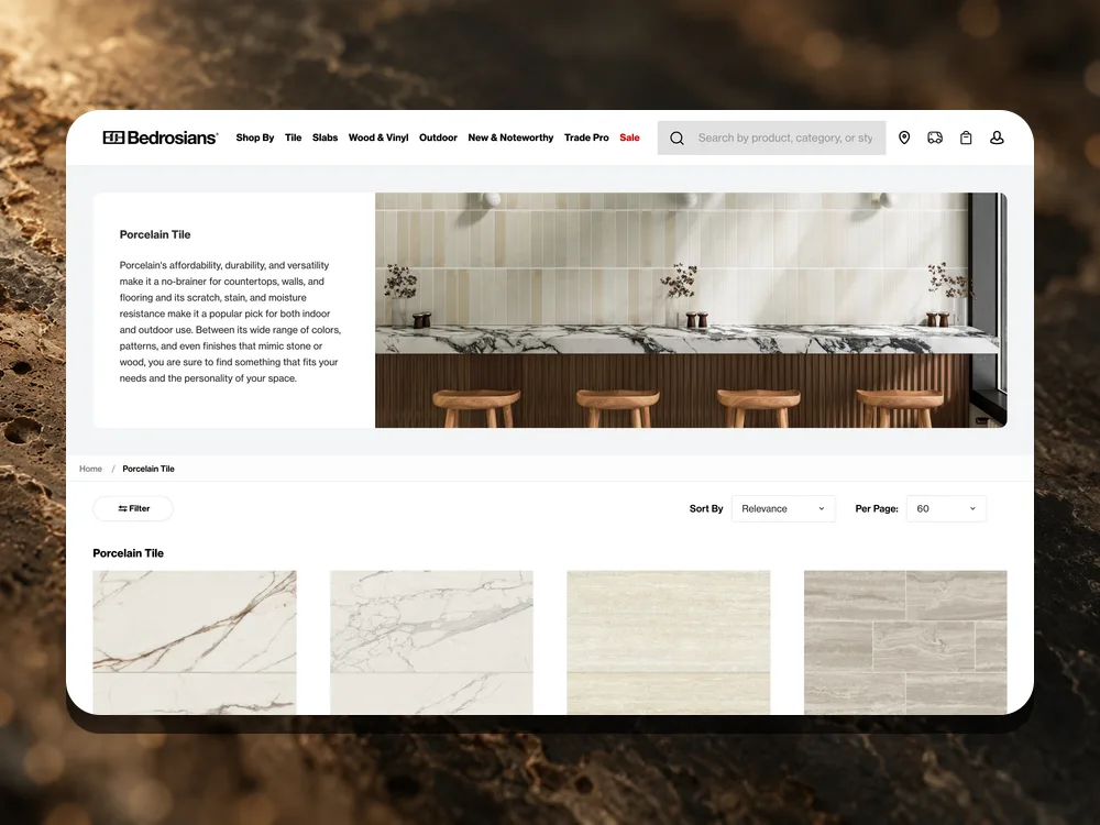 Bedrosians porcelain tile collection page on desktop