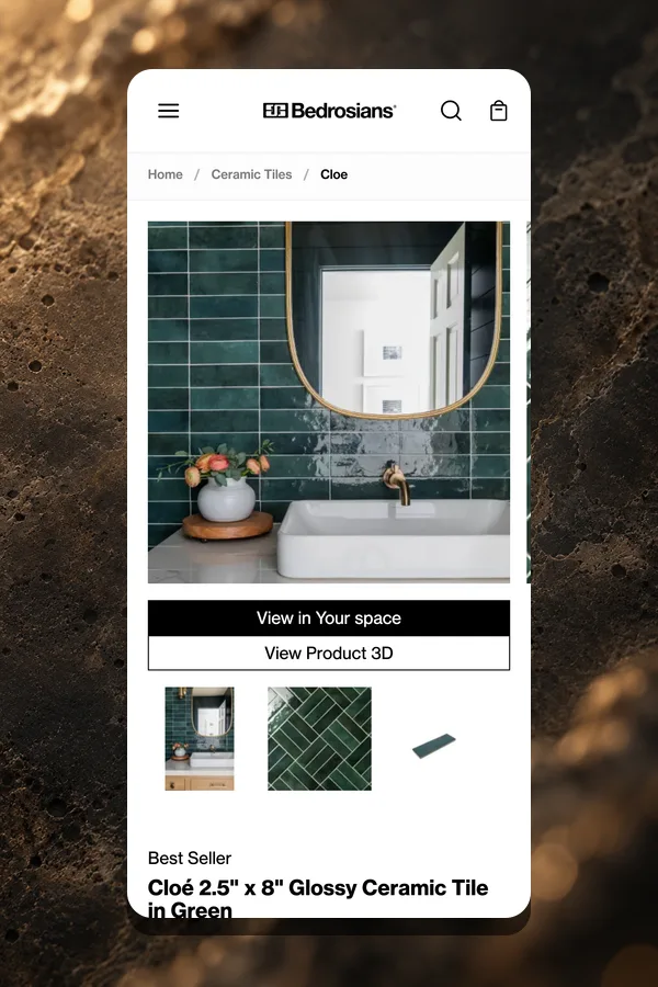 Bedrosians product page on mobile for Cloé green ceramic tile in a bathroom