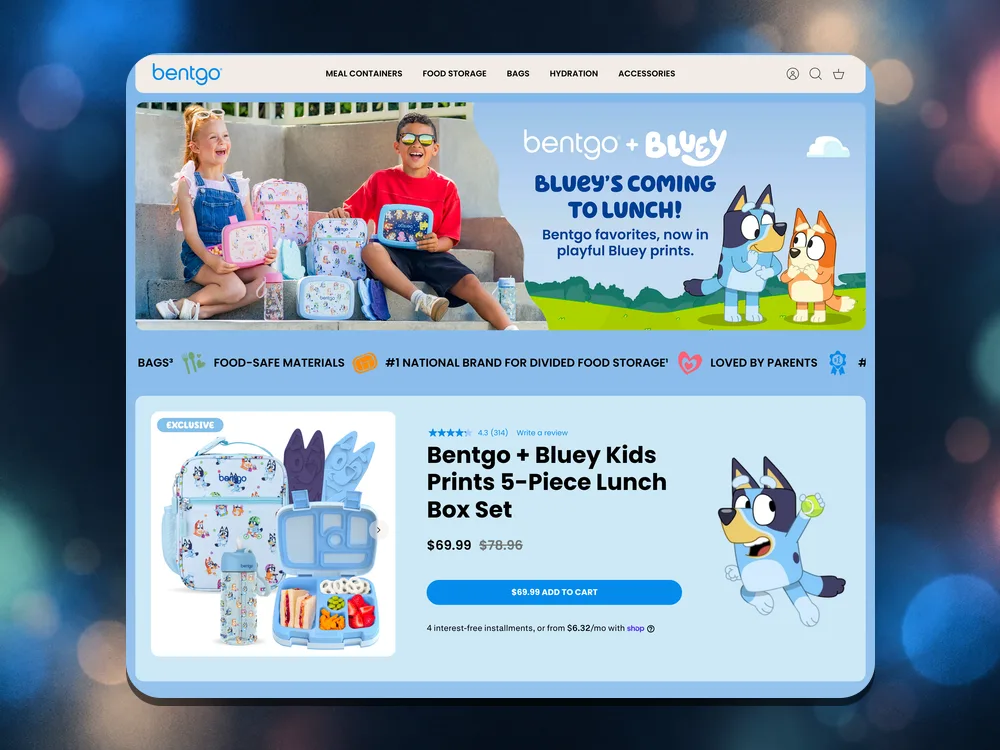 Bentgo + Bluey collaboration landing page on desktop, with the hero and a featured product buy box