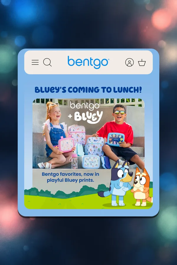 Bentgo + Bluey collaboration landing page hero on mobile