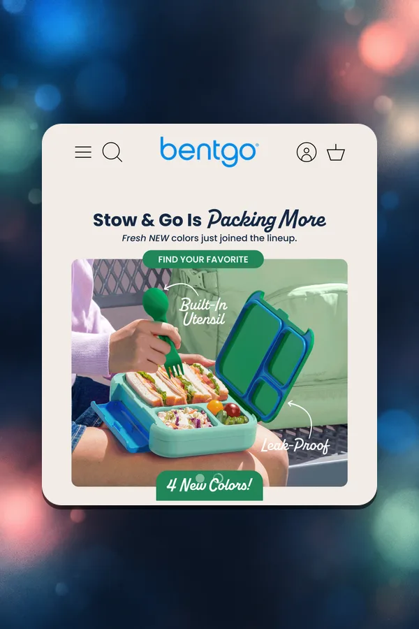 Mobile homepage of Bentgo with a Stow and Go hero showing a lunch box with new colors