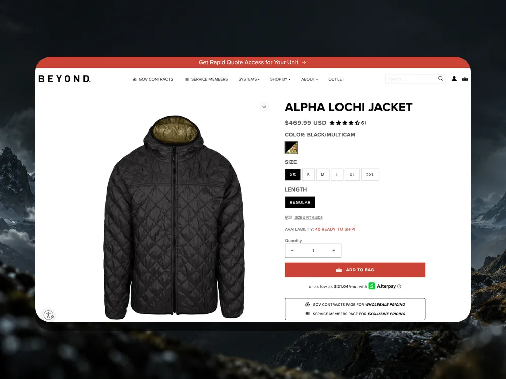Alpha Lochi Jacket product page on desktop with size options and add to bag