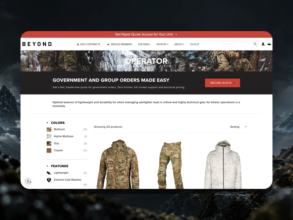 Operator collection page on desktop with the government and group order quote banner