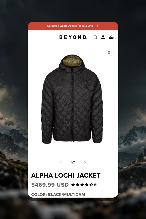 Alpha Lochi Jacket product page on mobile