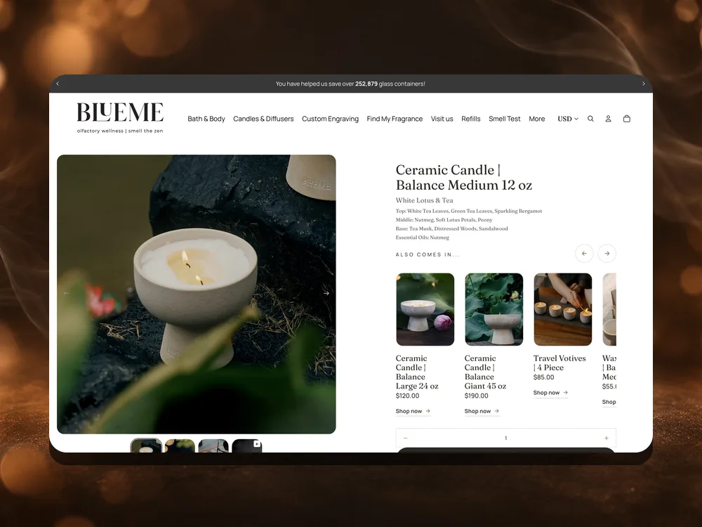 Blueme Balance ceramic candle product page on desktop, with its other sizes listed