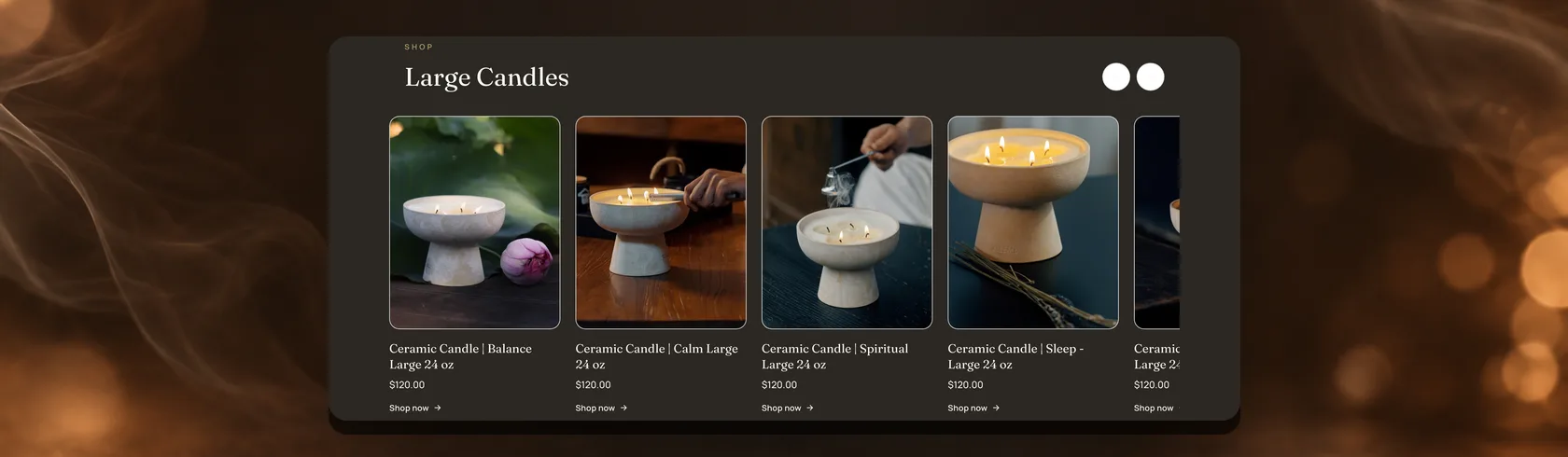 Blueme Large Candles row on desktop, each fragrance listed as its own 24 oz product card
