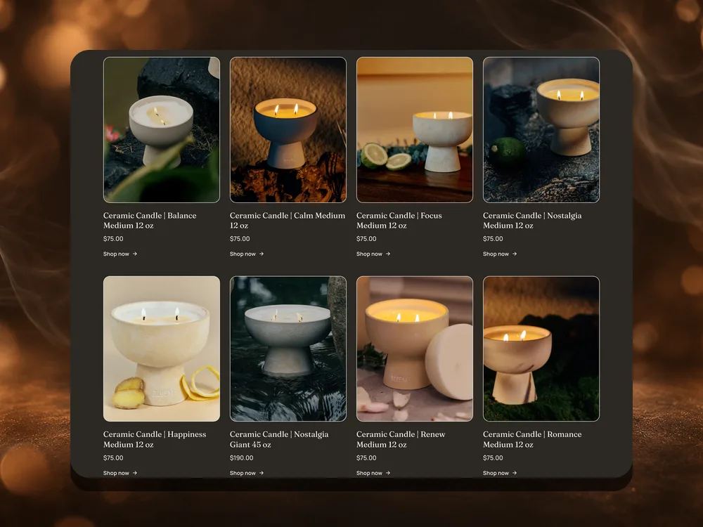 Blueme refillable ceramic candle collection page on desktop