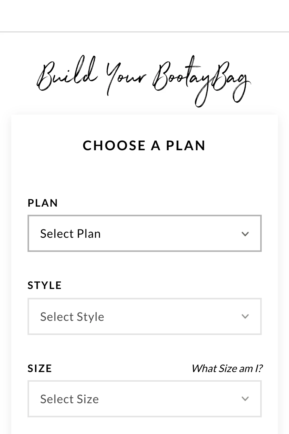 BootayBag Build Your BootayBag plan builder on mobile, with plan, style and size selectors