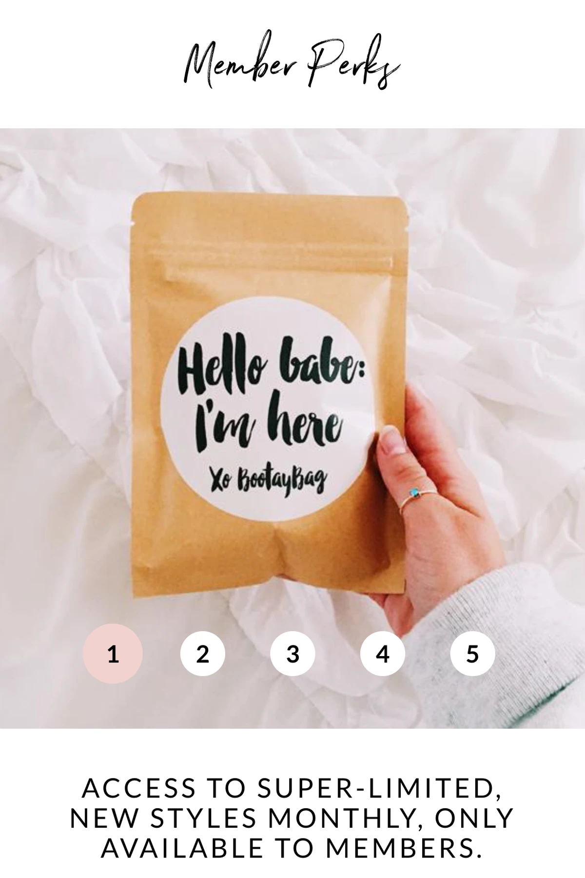 BootayBag member perks section on mobile, with a press quote and a photo of the brown Hello babe mailer bag