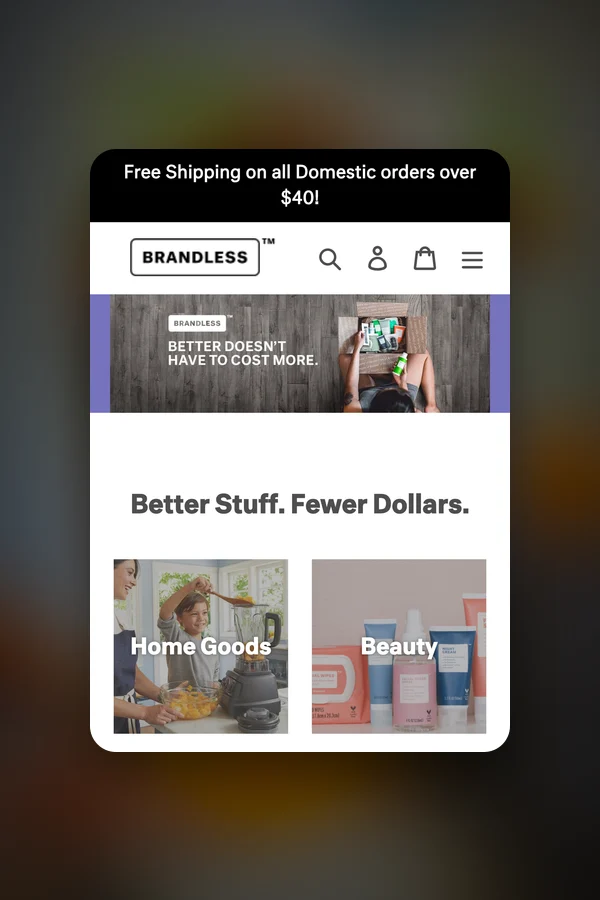 Brandless homepage on mobile with Home Goods and Beauty category tiles