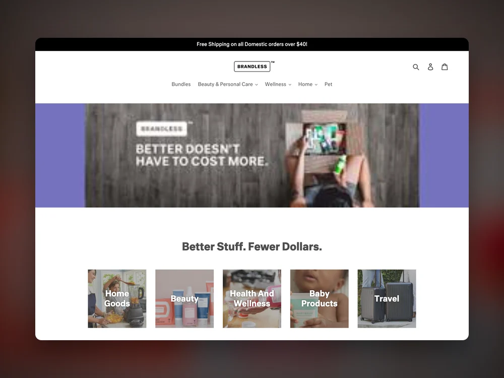 Brandless homepage on desktop with the Bundles, Beauty & Personal Care, Wellness, Home and Pet menu