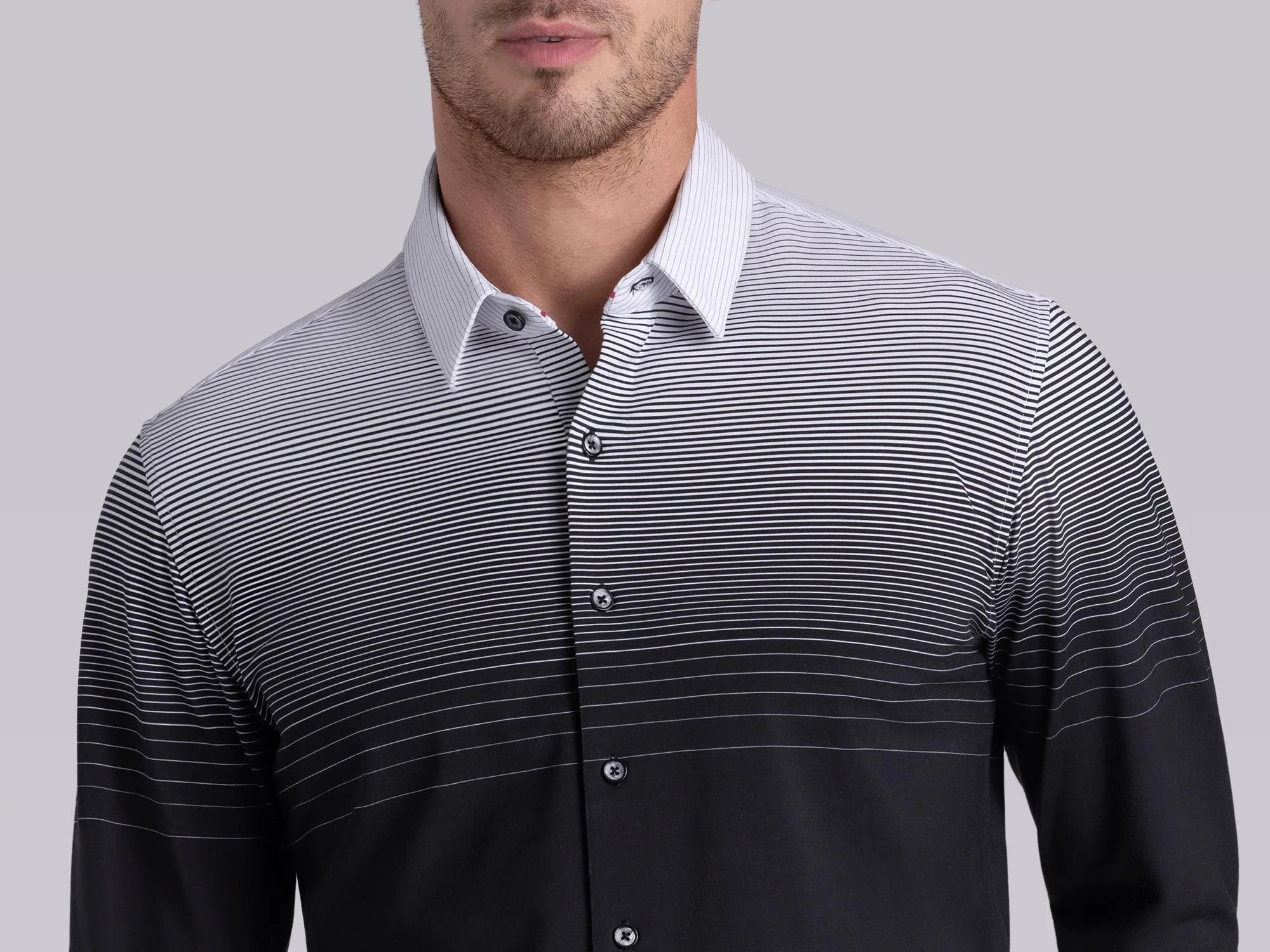 Buttercloth shirt fading from white stripes at the collar to solid black