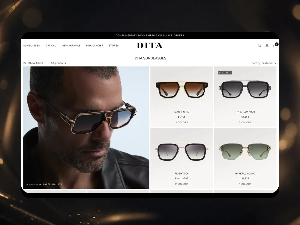 DITA sunglasses collection page on desktop