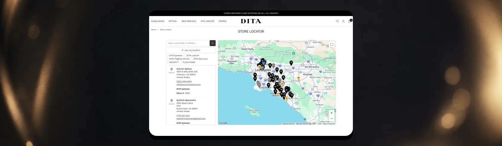 DITA store locator showing authorized retailers on a map