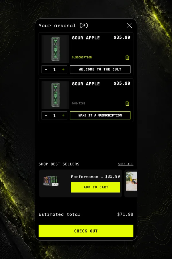 Echelon cart drawer on mobile with one subscription line, one one-time line and a Make it a subscription button