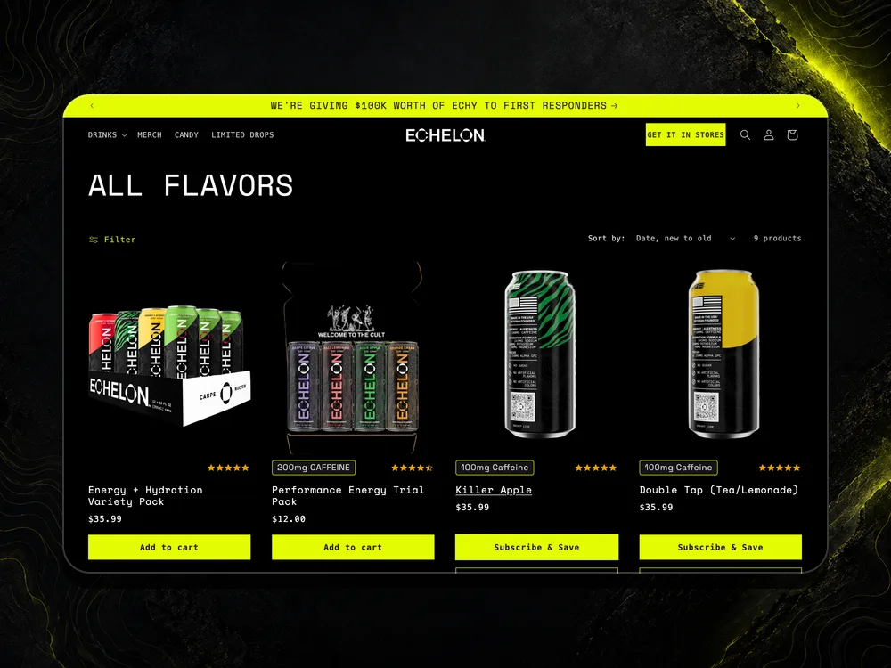Echelon All Flavors collection page on desktop with Subscribe & Save buttons