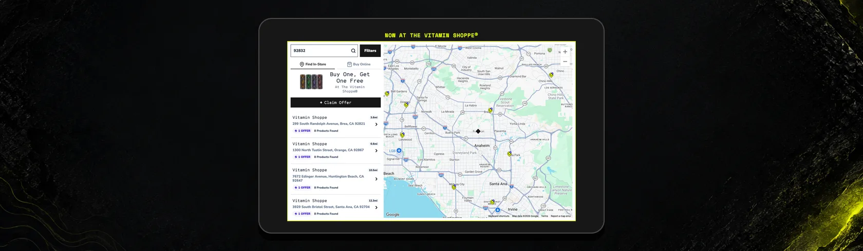 Echelon store locator showing Vitamin Shoppe locations on a map with a buy one, get one free offer