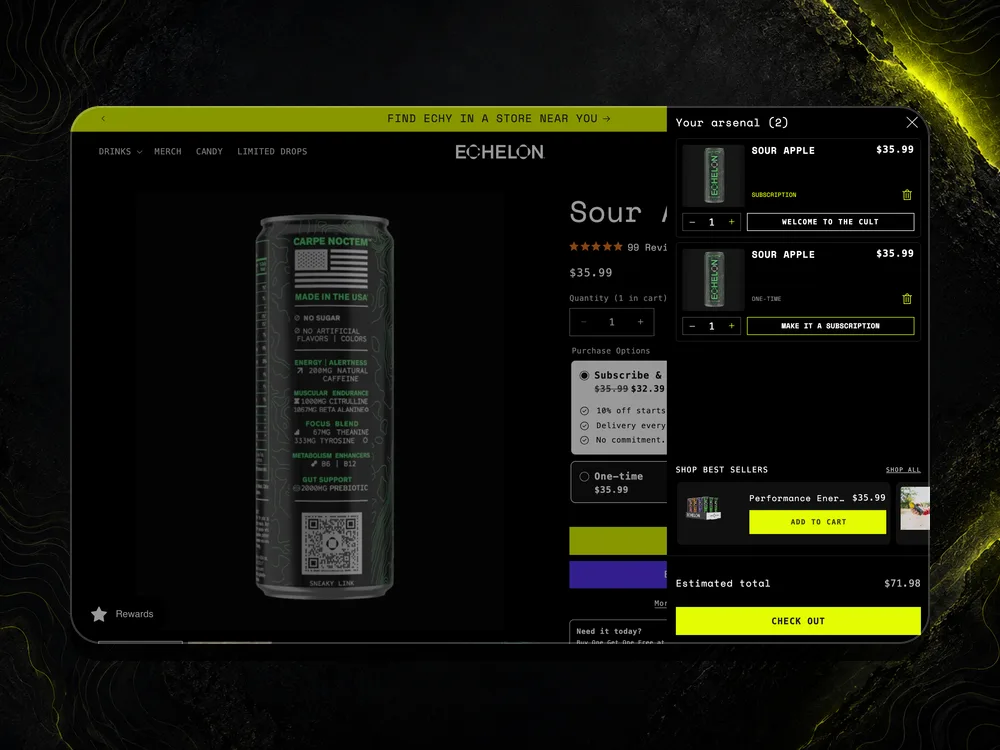 Echelon Sour Apple product page on desktop with the cart drawer open