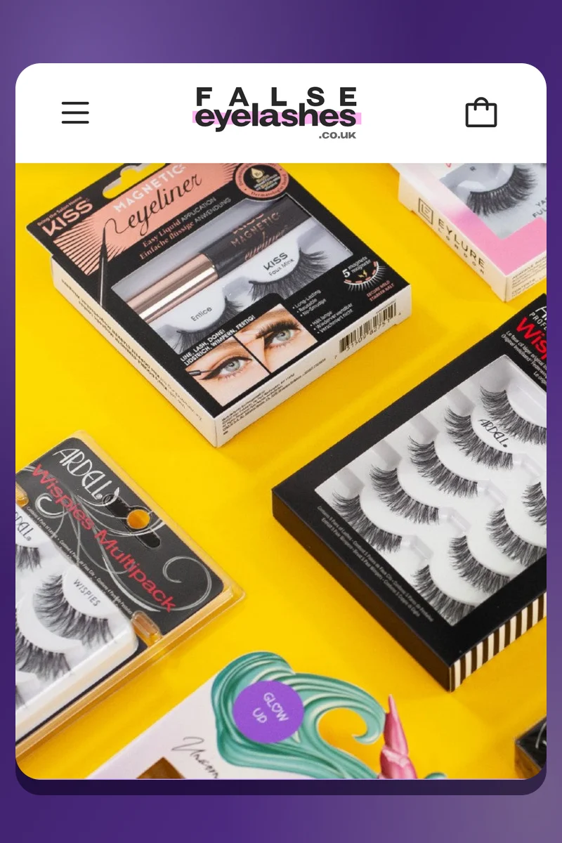 The False Eyelashes mobile homepage DYODE built: logo, menu and cart header over a yellow flat lay of lash packs